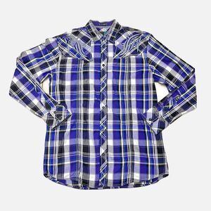 Roar Signature Atlas  Blue/Purple Plaid Embroidered Long Sleeve Shirt Size L